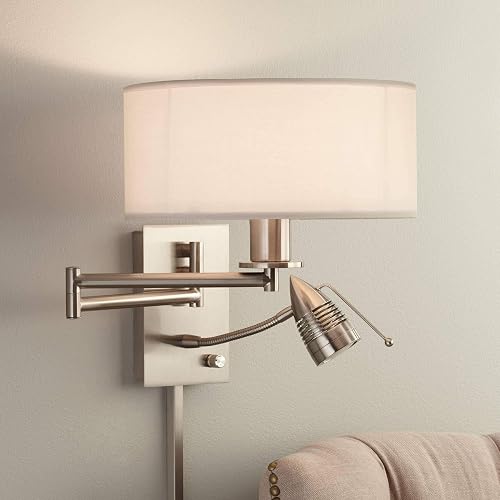 Possini Euro Design Tesoro Modern Swing Arm Wall Mounted Lamp Adjustable LED Brushed Nickel Plug-in Light Fixture Off White Drum Shade for Bedroom