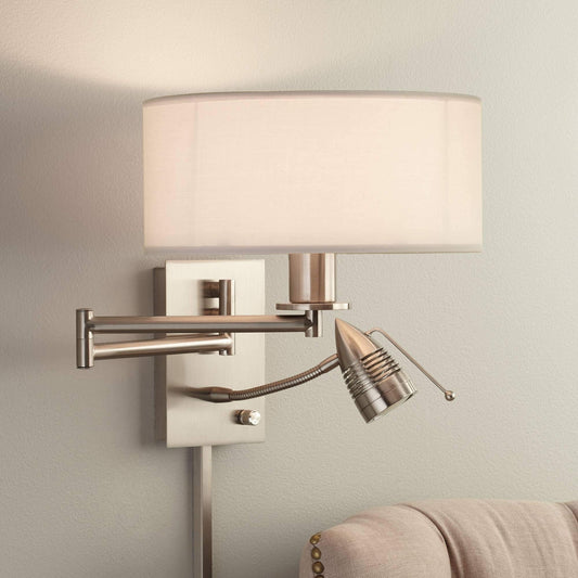 Possini Euro Design Tesoro Modern Swing Arm Wall Mounted Lamp Adjustable LED Brushed Nickel Plug-in Light Fixture Off White Drum Shade for Bedroom