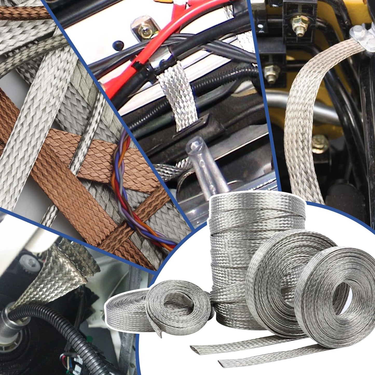 FOURUB Cable Shielding Sleeve Tinned Copper Braided Sleeving Flexible Expandable Metal Ground Straps Wire Harness Protector (1/2"-18ft, Silver)