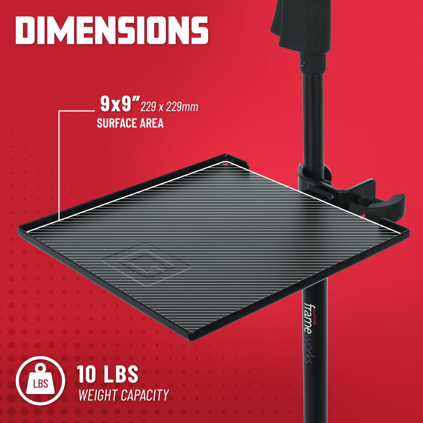 Gator Frameworks Microphone Stand Clamp-On Utility Shelf with 10 Pound Weight Capacity, 9" x 9" Shelf (GFW-SHELF0909)
