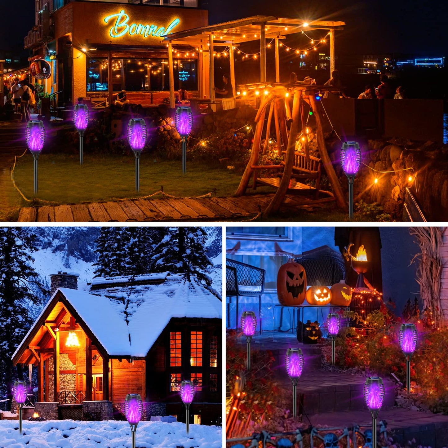 COCOMOX Halloween Decorations Outdoor, 12 Pack Purple Solar Lights Outdoor Waterproof 12 LED Mini Tiki Torch Lights with Flickering Flame for Outside