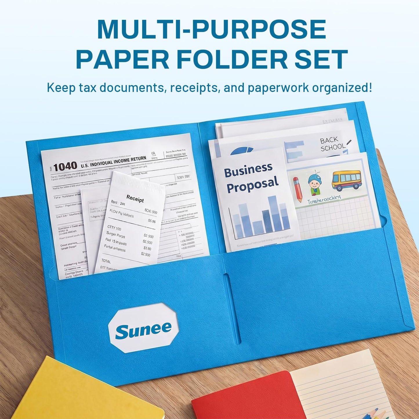 SUNEE Folders with Pockets(125 Pack, Blue), 2 Pocket Folders Fit Letter Size Paper, Paper File Folder for School Office Home Business