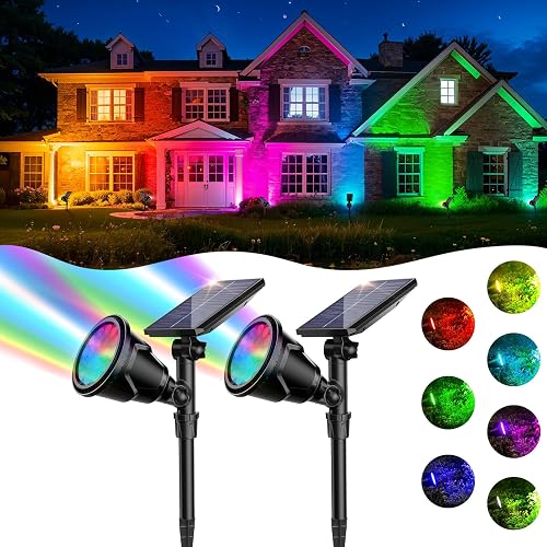 ROSHWEY Solar Spot Lights Outdoor, 7 Colors Halloween Christmas Outdoor Lights Waterproof Landscape Light 600LM Solar Spotlight Lighting for House