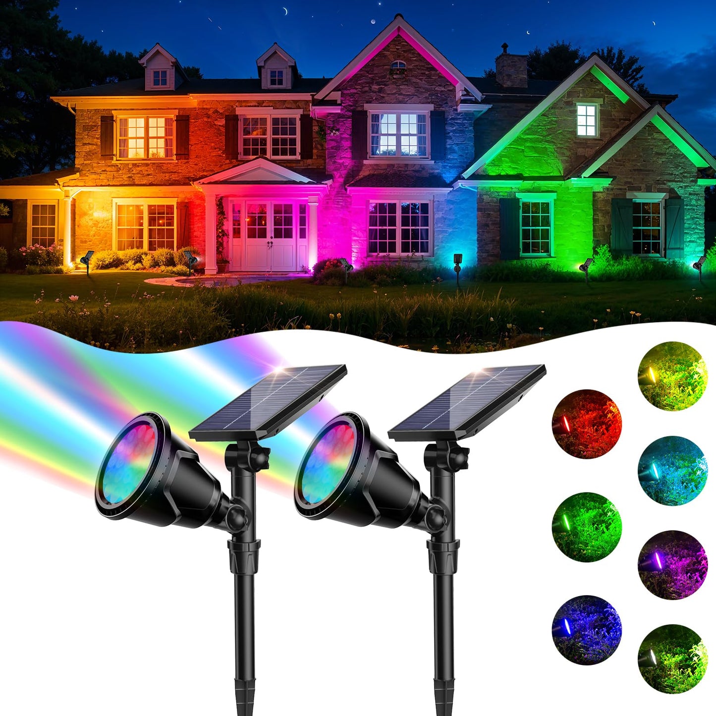 ROSHWEY Solar Spot Lights Outdoor, 7 Colors Halloween Christmas Outdoor Lights Waterproof Landscape Light 600LM Solar Spotlight Lighting for House