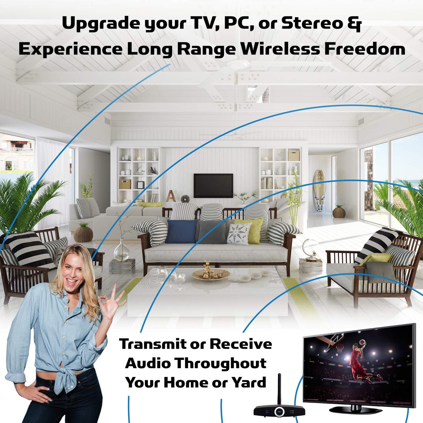 Long Range Bluetooth Transmitter or Receiver, Audio Only for TV PC Stereo, Connect Speaker, Headphones, Phone, aptX Low Latency Wireless Adapter