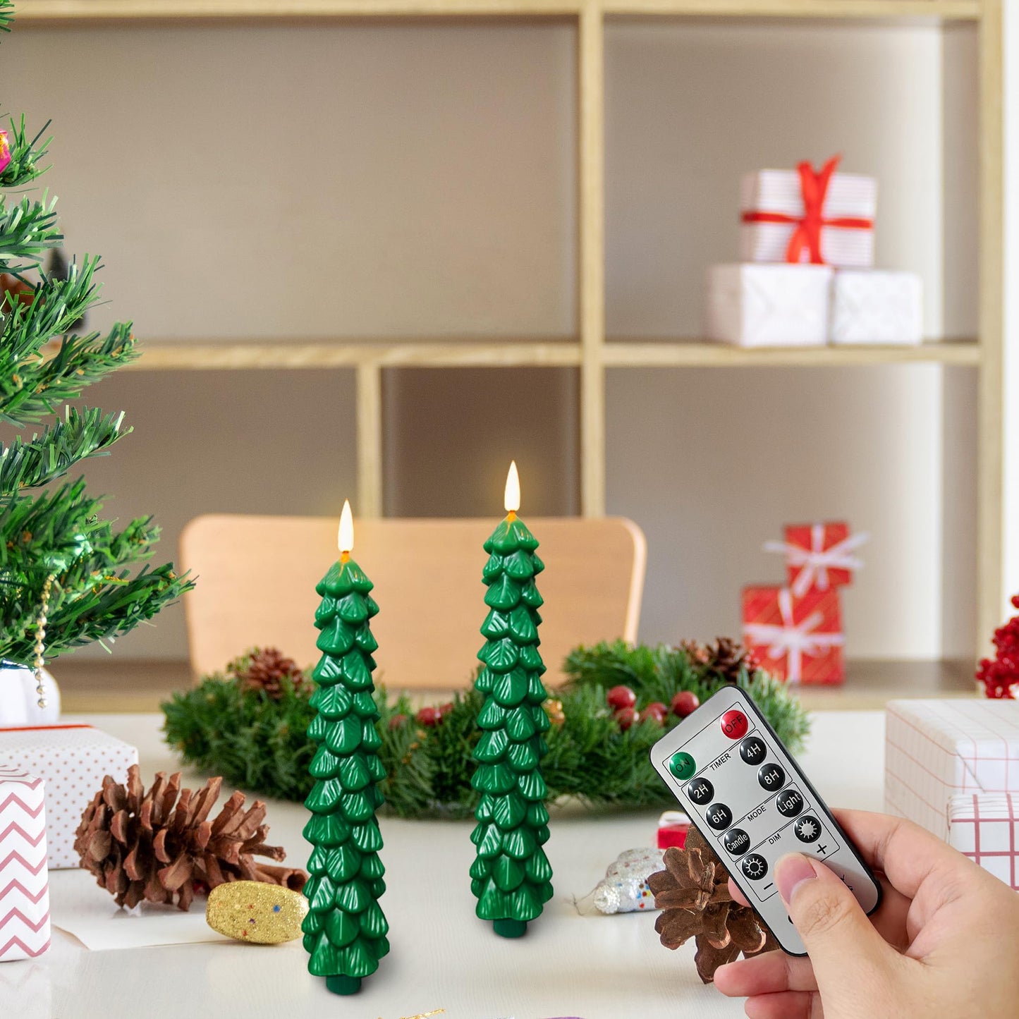 Tecobo 9.5Inches Real Wax Flameless Christmas Tree Taper Candles with Remote Timer, 2Pcs Battery Operated Taper Candles with 3D Wick Warm White