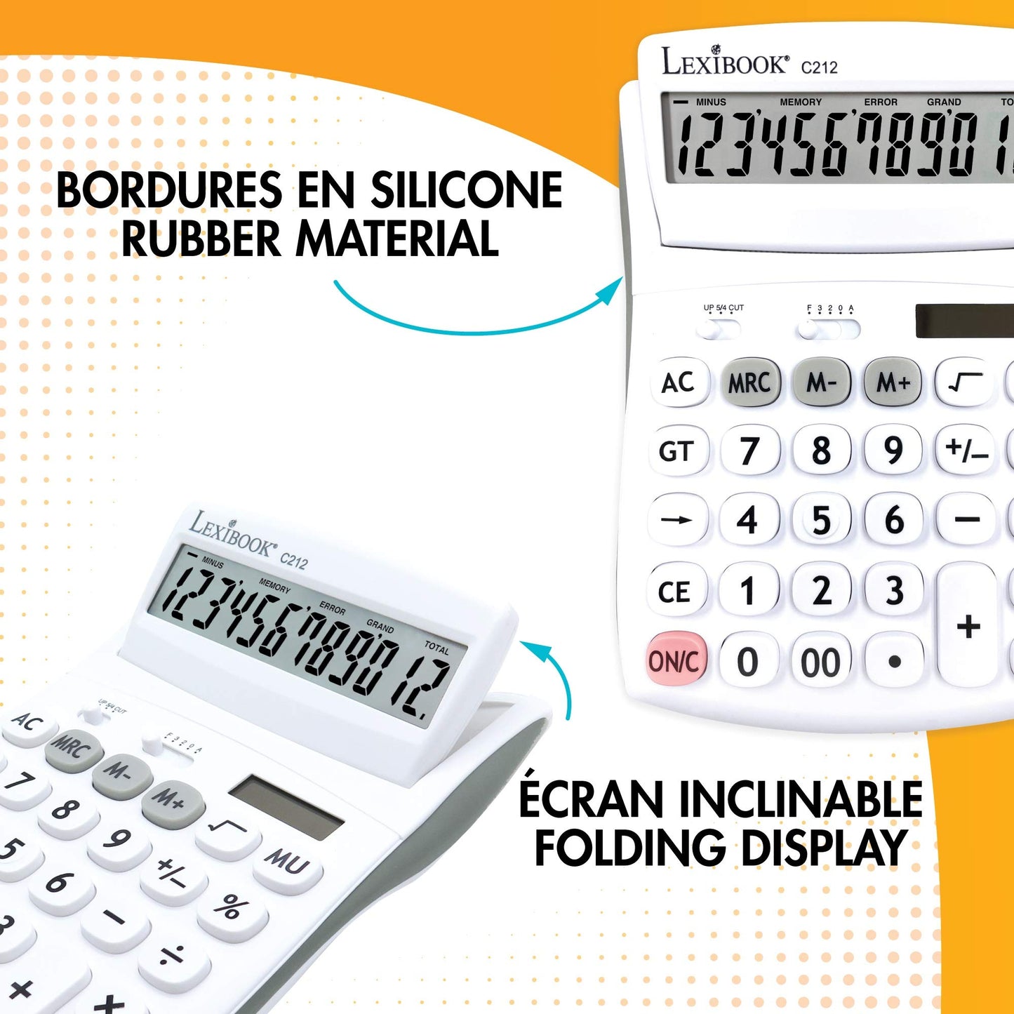 Lexibook - 12 Digit Desktop Calculator with Folding Display - Basic and Memory Function - Large Keys and Screen for Office, School, Home - Solar