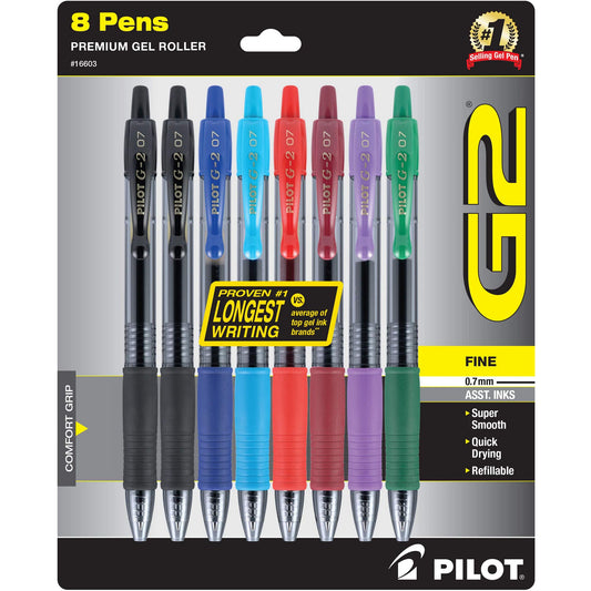 Pilot G2 Premium Refillable and Retractable Gel Ink Pens Fine Point (0.7mm), Retractable Pens, 7 Colors, 8 Count