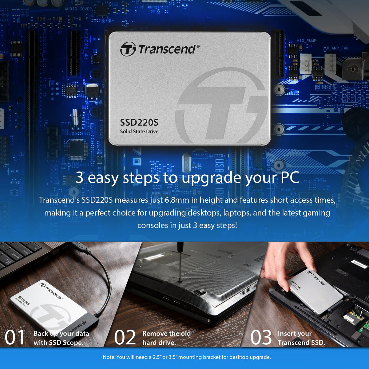 Transcend 120GB SSD220S 2.5" SATA III SSD, Up to 500MB/s, SLC Cache
