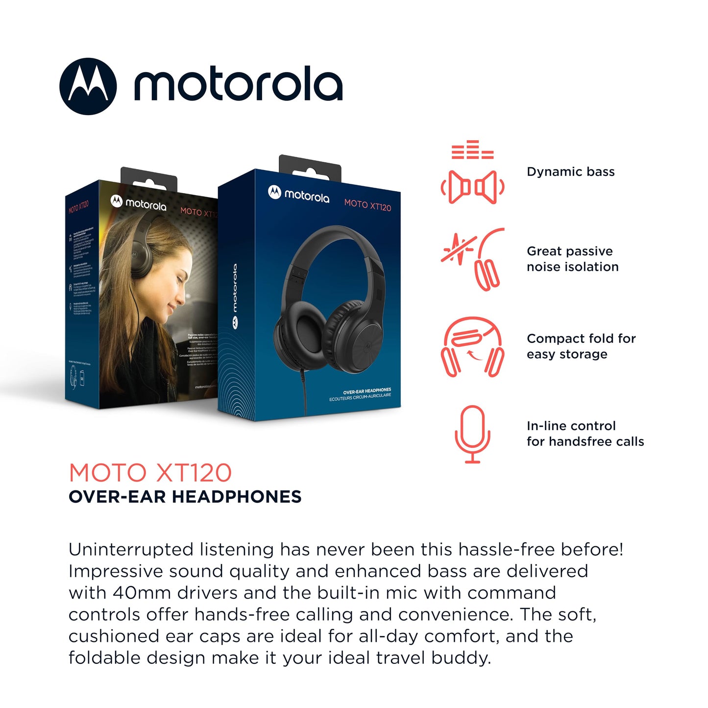 Motorola Sound Moto XT120 Over Ear Headphones Wired with Microphone, in-Line Command Control for Calls - Foldable Wired Headphones with Adjustable…
