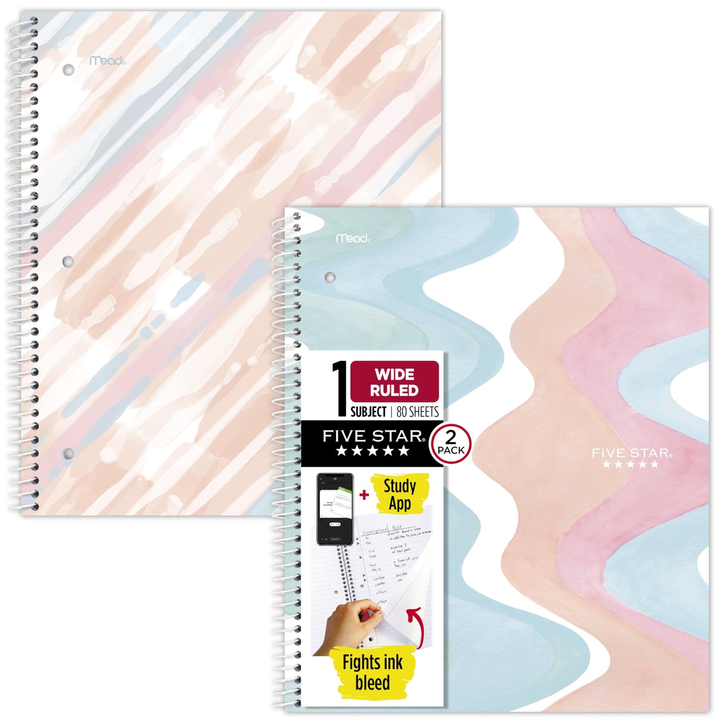 Five Star Spiral Notebook + Study App, 2 Pack, 1 Subject, Wide Ruled, 8" x 10-1/2", 80 Sheets, Fights Ink Bleed, Water Resistant Cover, Pastel Waves