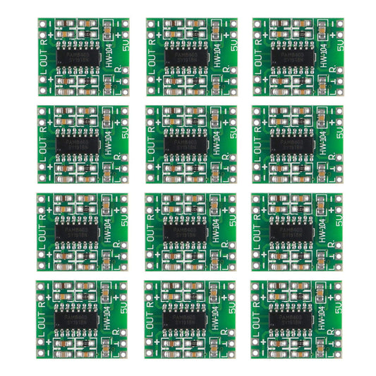 12pcs PAM8403 Module Super Mini Digital Amplifier Board 2 3W Class D Power Amplifier Board efficient 2.5 to 5V Input (PAM8403 Module)
