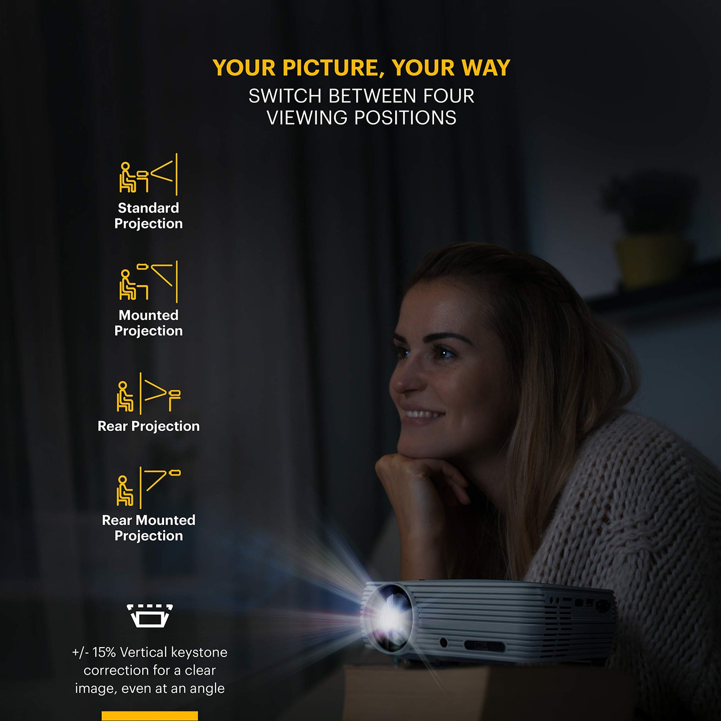 KODAK FLIK X7 Home Projector (Max 1080p HD) with Tripod, & Case Included | Compact, Projects Up to 150” with 720p Native Resolution & 30,000 Hour