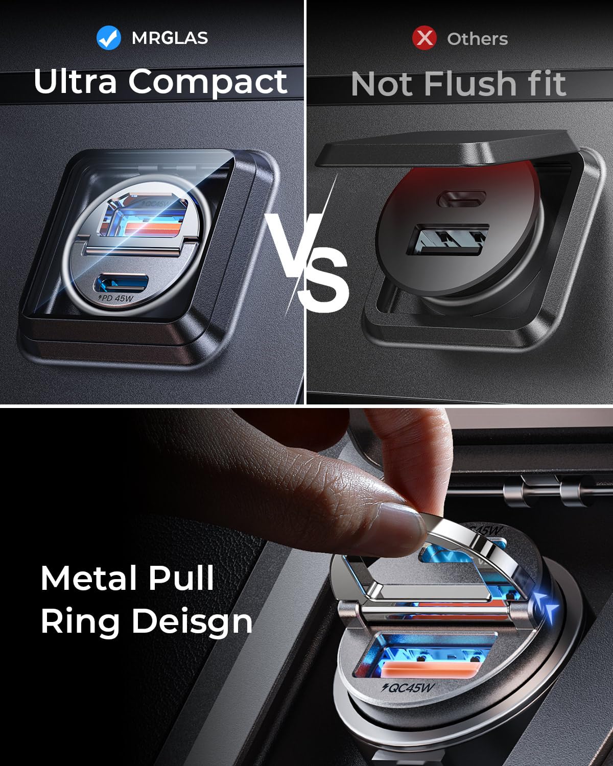 MRGLAS 90W USB C Car Charger Fast Charging,[Invisible Design] All Metal Car Charger USB C PD45W+QC3.0 Dual Port Cigarette Lighter RV Power Adapter