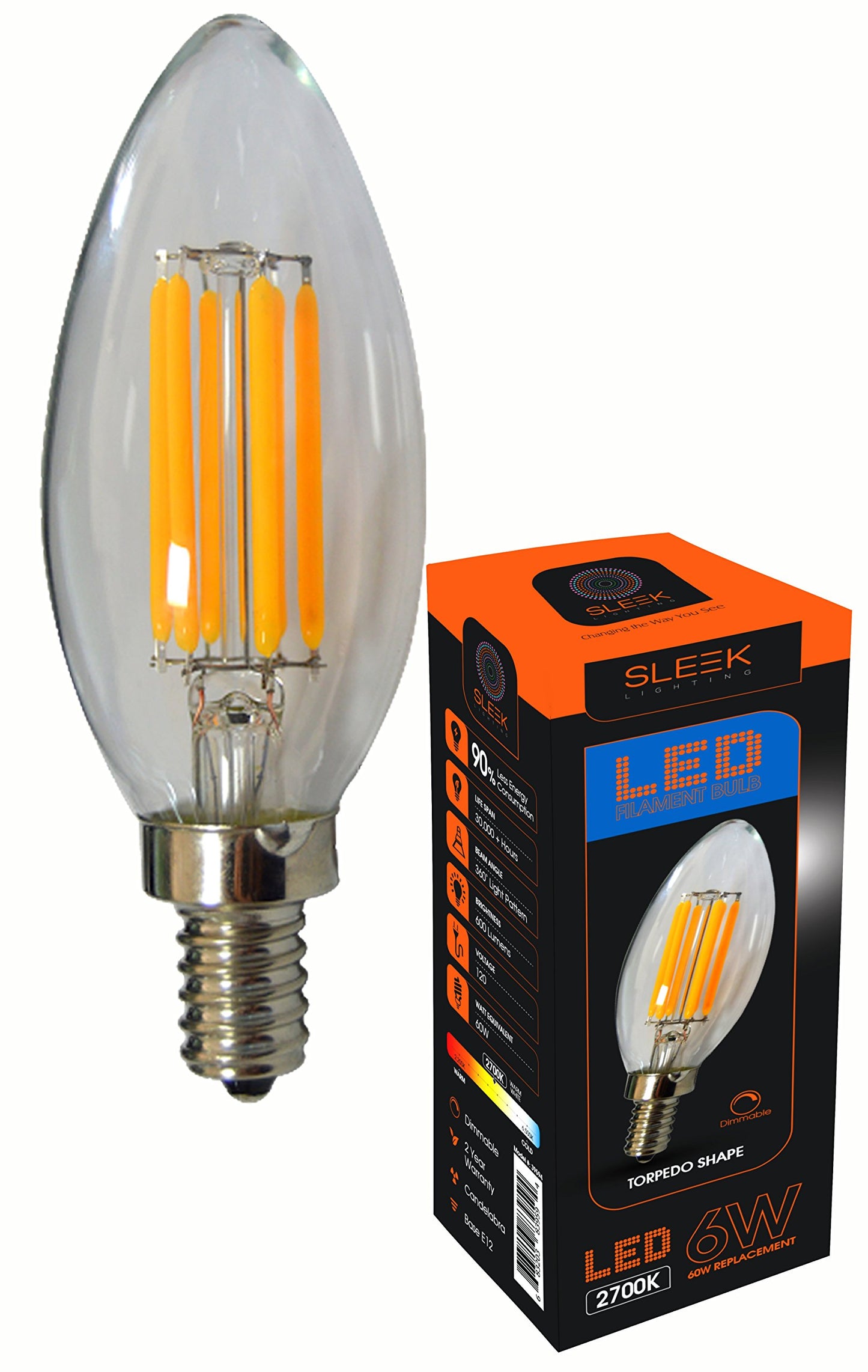 SLEEKLIGHTING 6-Watt E12 LED Filament UL and Energy Star Listed Candelabra Light Bulb - Dimmable (60W Incandescent Replacement) - Warm White 2700K