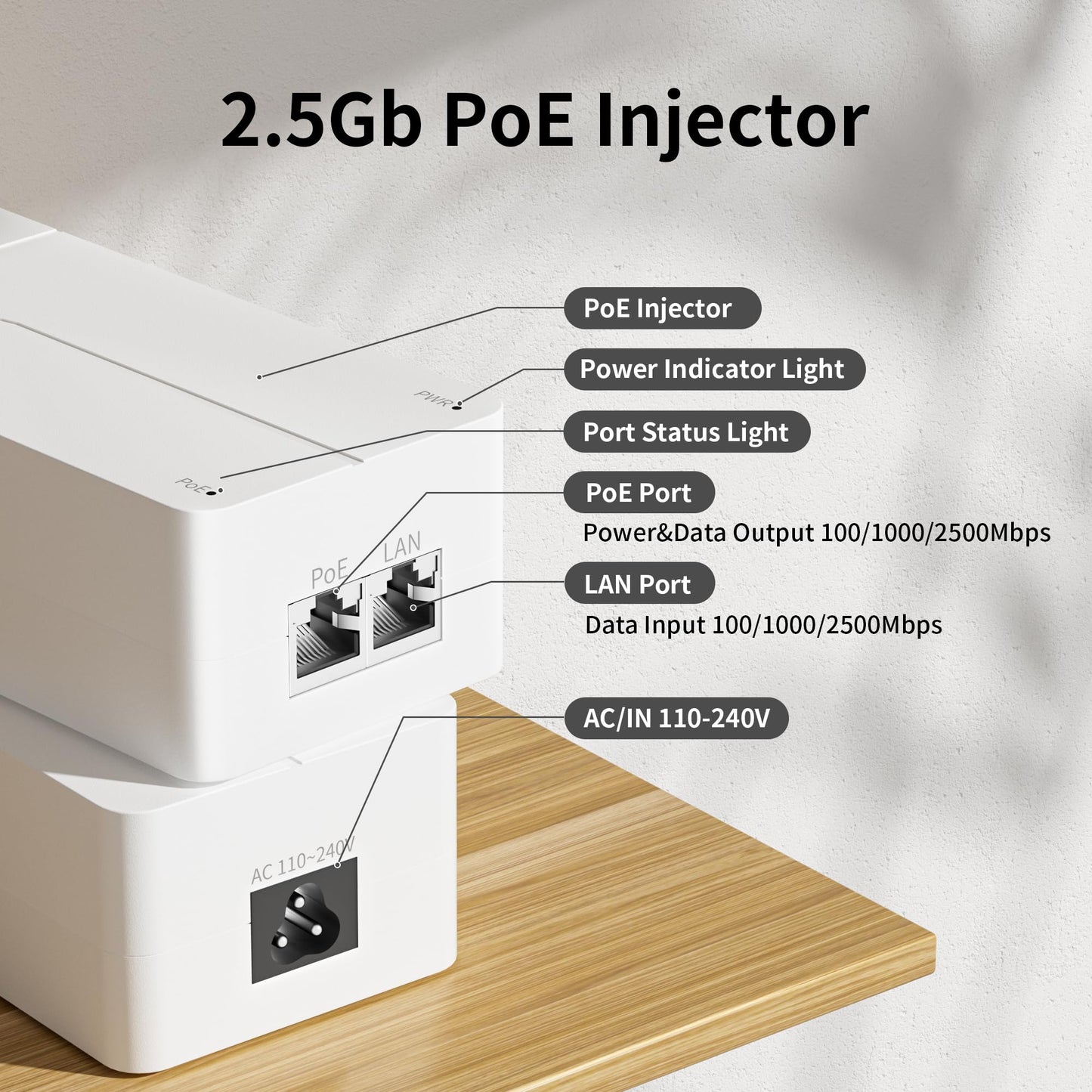 2.5G PoE++ Injector, 90W IEEE 802.3bt/af/at Injector Adapter, 100/1000/2500Mbps, Up to 100m(328ft) Transmission, Plug & Play, Wall Mountable for IP