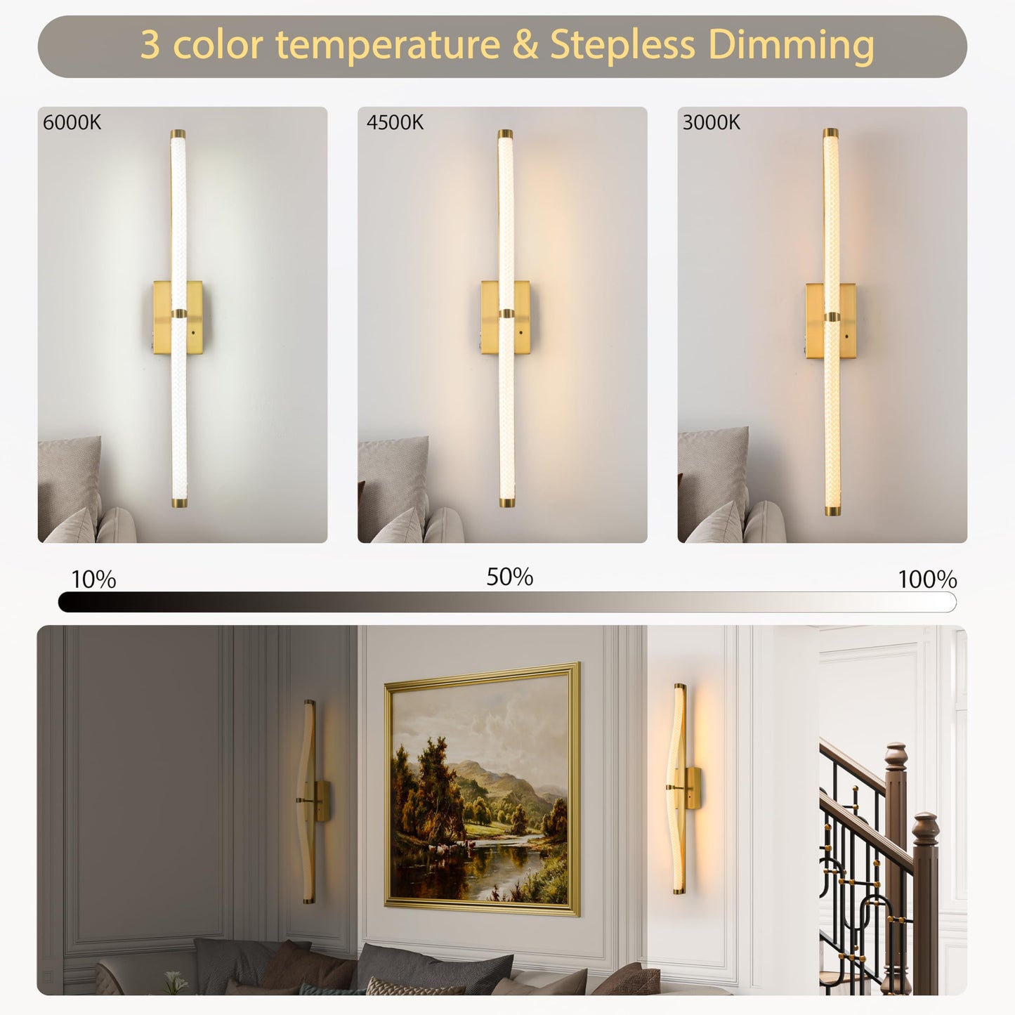 Lanxithen Gold Battery Operated Wall Sconces Set of 2, Rechargeable Wall Sconce with Remote, 3 Color Dimmable Sconces Wall Lighting, Wireless Wall