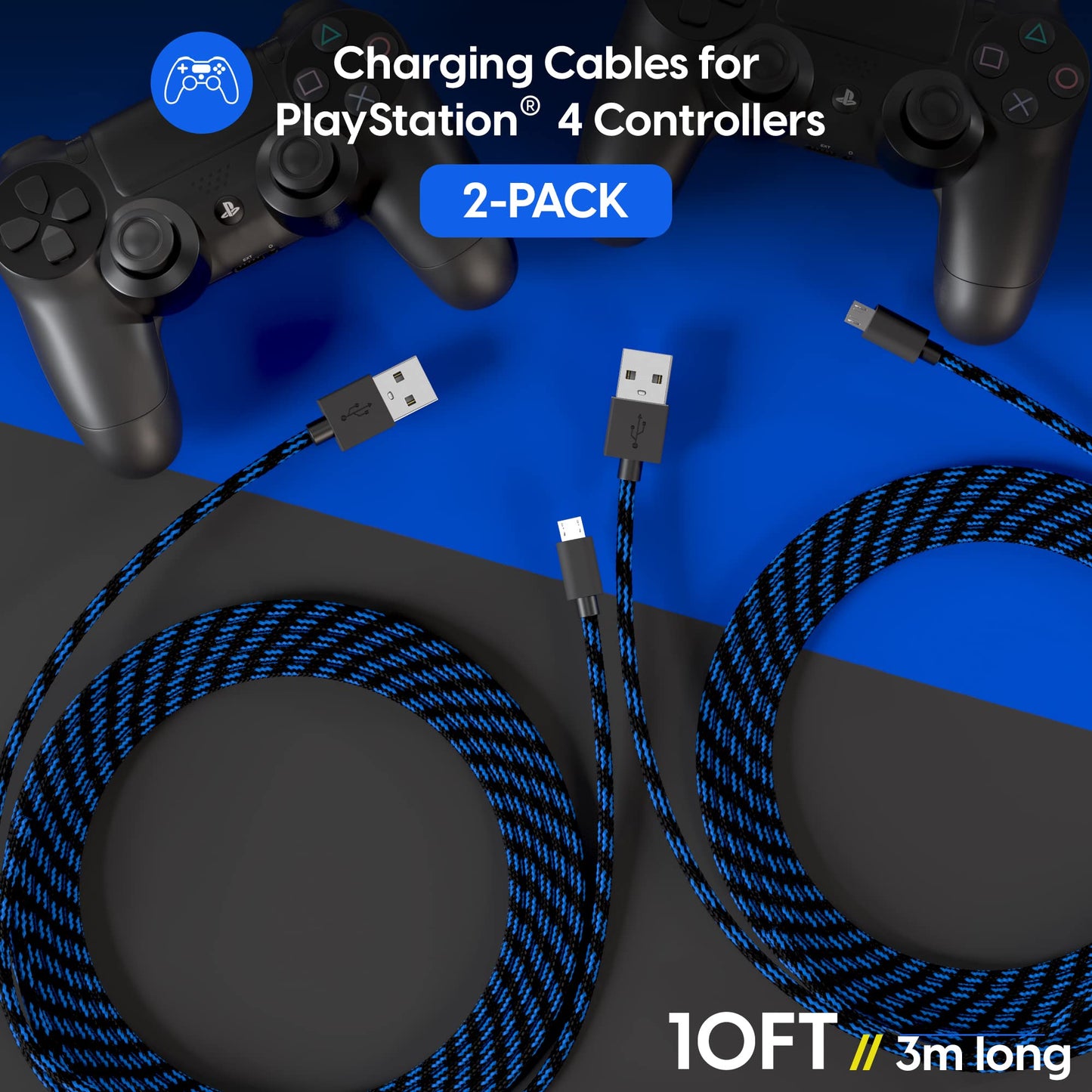 TalkWorks Long Controller Charging Cable for PlayStation 4-10-Foot Long Braided Micro USB Cord Charger Cord for PS4 Controller - Blue-Black, 2 Pack