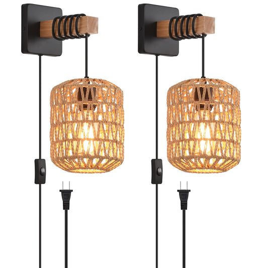 CAFULAM Rustic Wall Sconces Fixtures with Plug in Cord, Set of Two Indoor Vintage Rattan Wall Light Industrial Lamp Fixture Farmhouse Metal Sconces