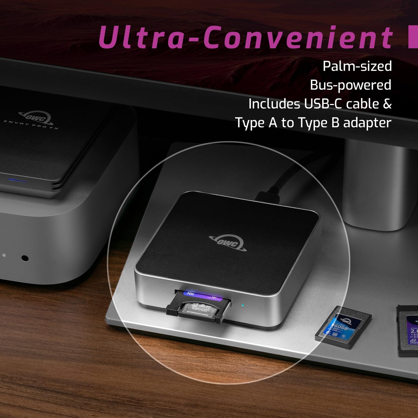OWC Atlas USB4 CFexpress 4.0 Type B Card Reader, 40Gb/s USB4 USB-C Port, Bus Powered, Includes Type A>B Adapter for Fast ingest of Type A Cards, Up