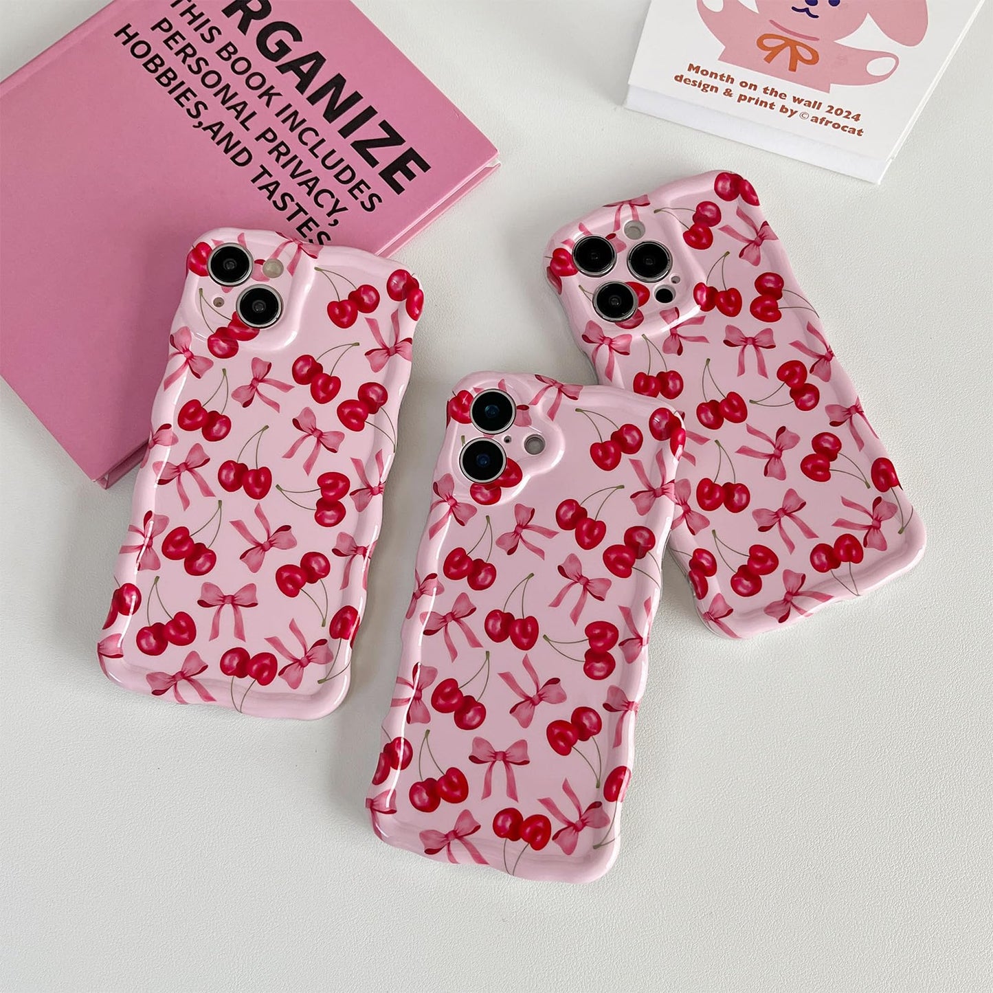 branple Compatible with iPhone 16 Plus Case, Cute Wave Curly Pink Cherry Bow Phone Case for Women, Soft TPU Shockproof Protection Cover Designed