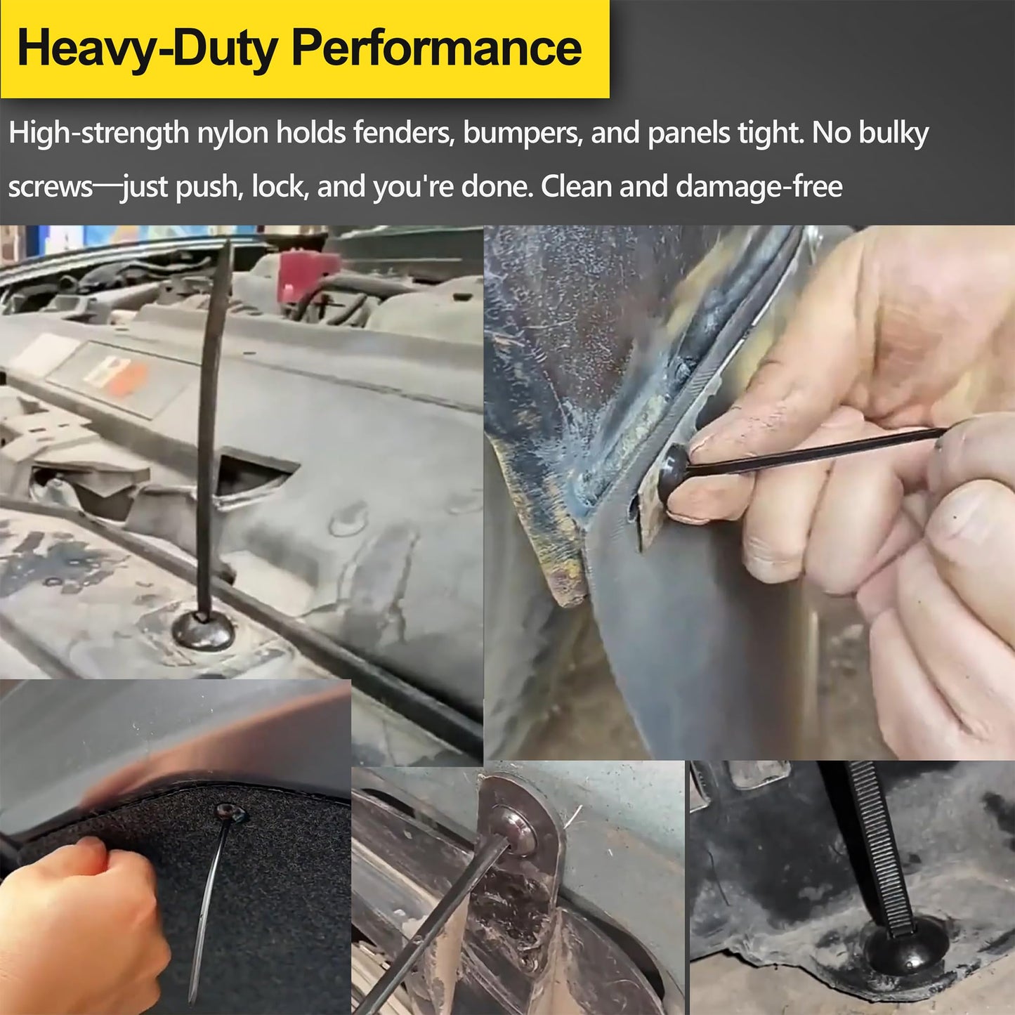 Heavy Duty Self-Locking Nylon Universal Cable Tie Buckle Kit, Push Mount Zip Ties for Car Repair - Secure Fenders Bumpers Engine Guards Underbody