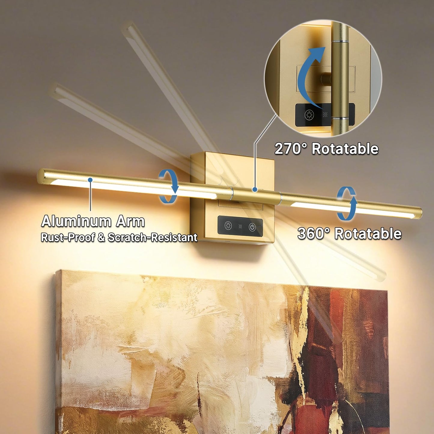 REXTiN Picture Lights Rechargeable for Wall: Battery Operated Wall Sconces Wireless Art Lighting for Painting Canvas Gallery 360° Rotatable Detachable