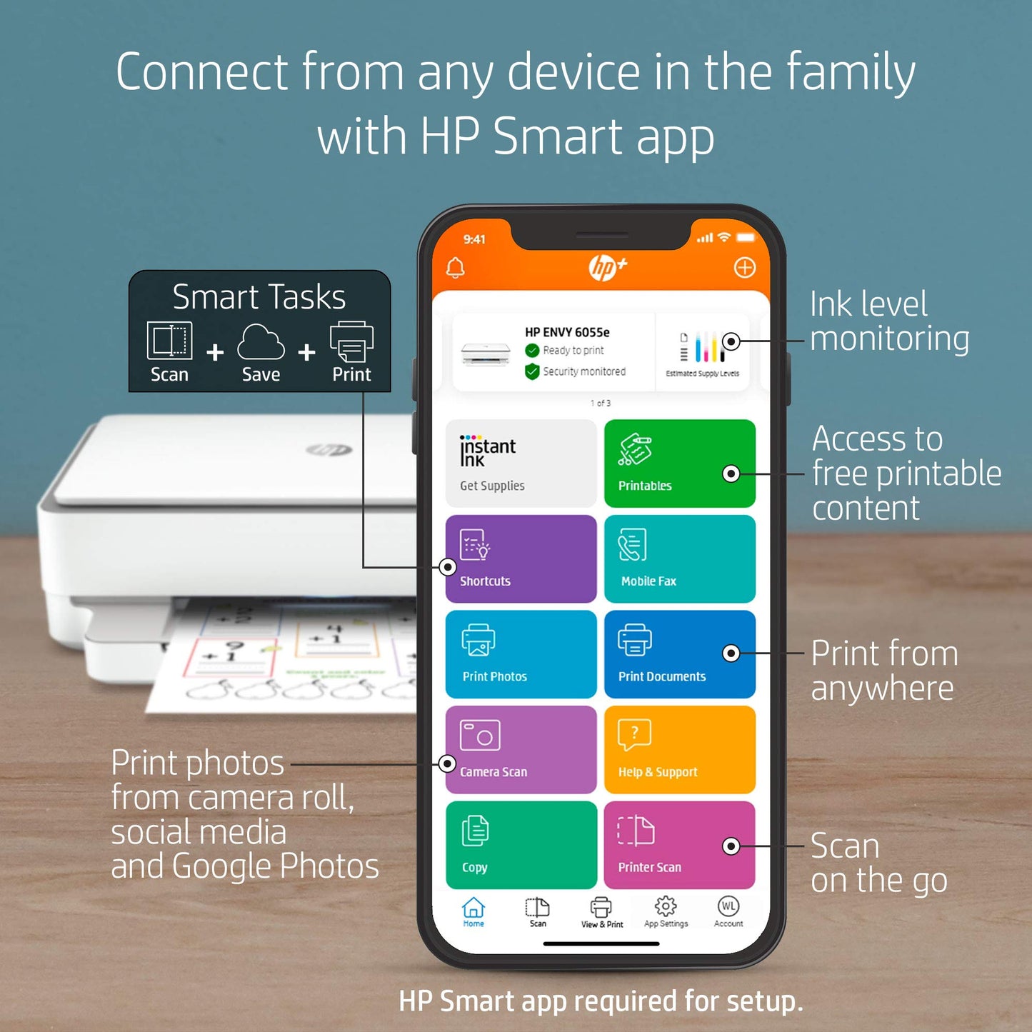 HP ENVY 6055e Wireless Color Inkjet Printer, Print, scan, copy, Easy setup, Mobile printing, Best-for-home, 3 month Instant Ink trial included, white