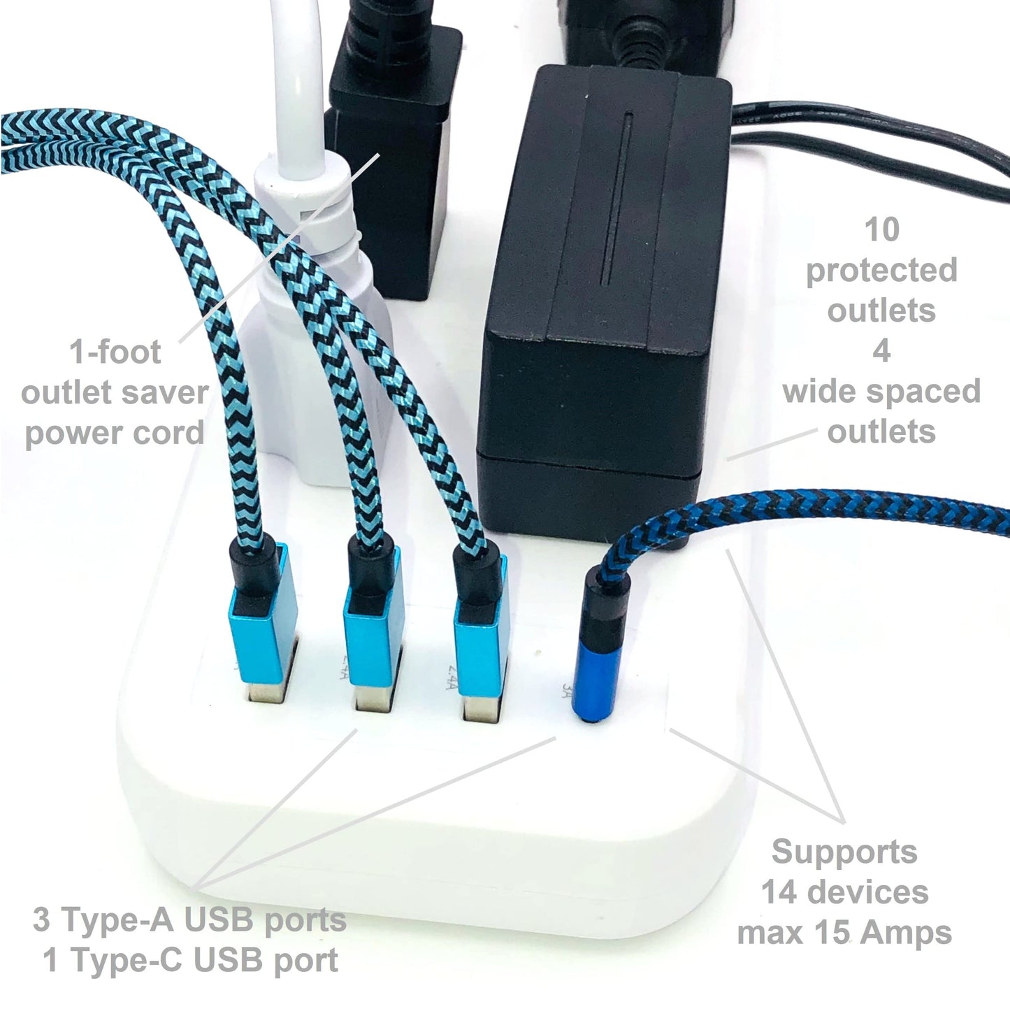 Heavy Duty 3000-Joule 10-Outlet 4-USB Fire Safe Surge Protector with Outlet Saver Power Cord and USB Charge Cables