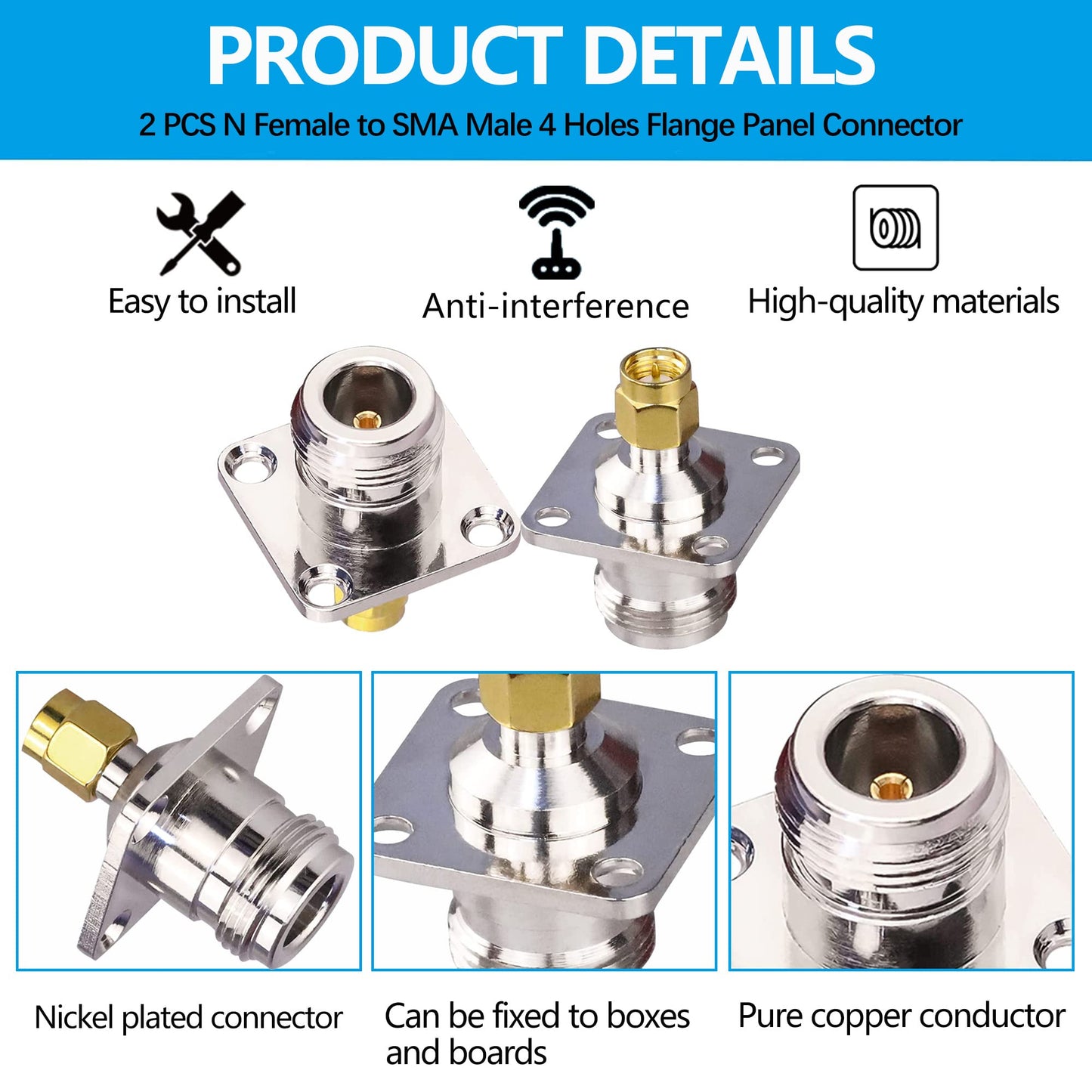 TUOLNK 2 Pack N Female to SMA Male 4 Holes Flange Panel Connector N Type to SMA Coaxial Solder Connector Chassis Mount Coax Adapter
