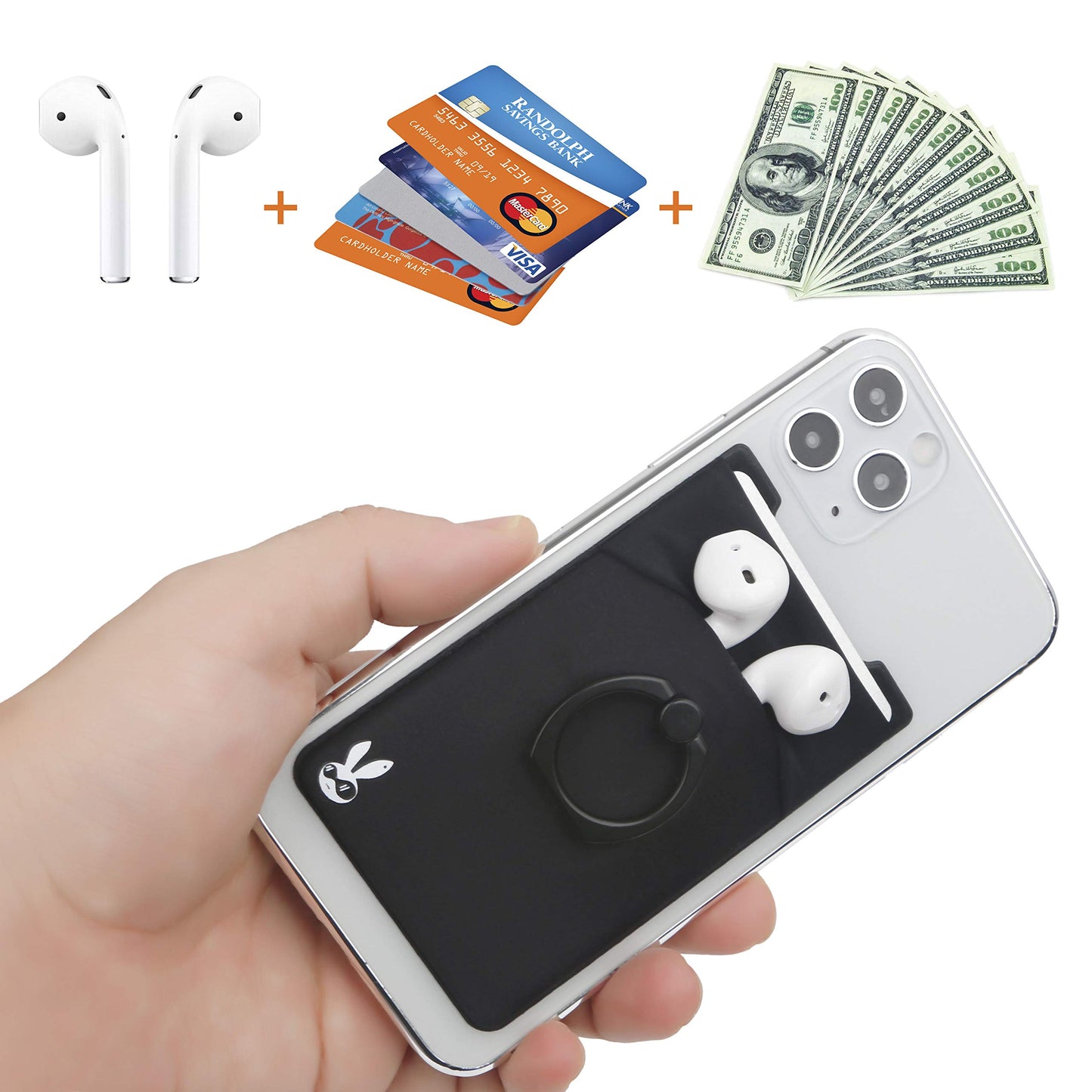 TUZAMA 5-in-1 Cell Phone Wallet-Stick On Spandex Ring Card Holder Sleeve Back-Double-Pocket+Magnetic+Finger Grip Strap Loop+Kickstand+RFID Block,Most