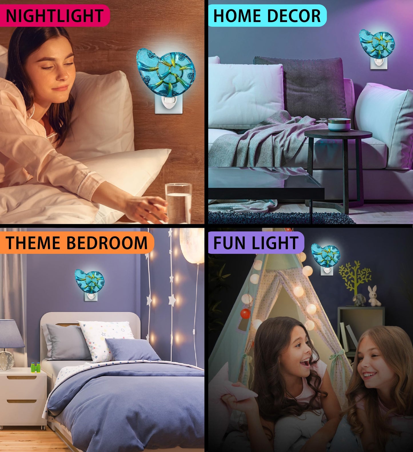 Puzzled Sea Shell Glass Art Night Light - Ocean-Themed Plug-in Wall Accent with On/Off Switch, Coastal Bathroom and Bedroom Decorative Lighting