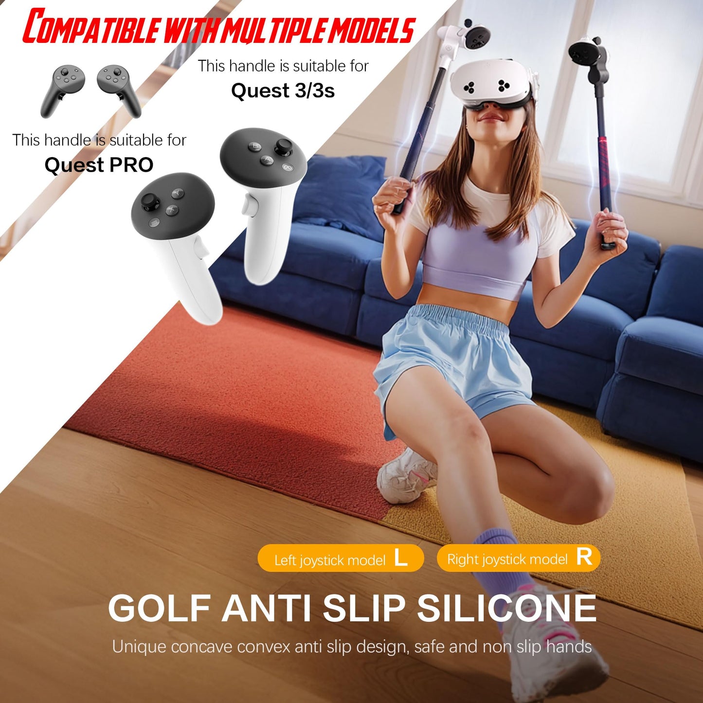 WOUMNTT Golf Club Attachment Compatible with Meta Quest 3/3S Controllers, Left & Right VR Golf Handle Accessory with Non-Slip Rubber Grip, Realistic