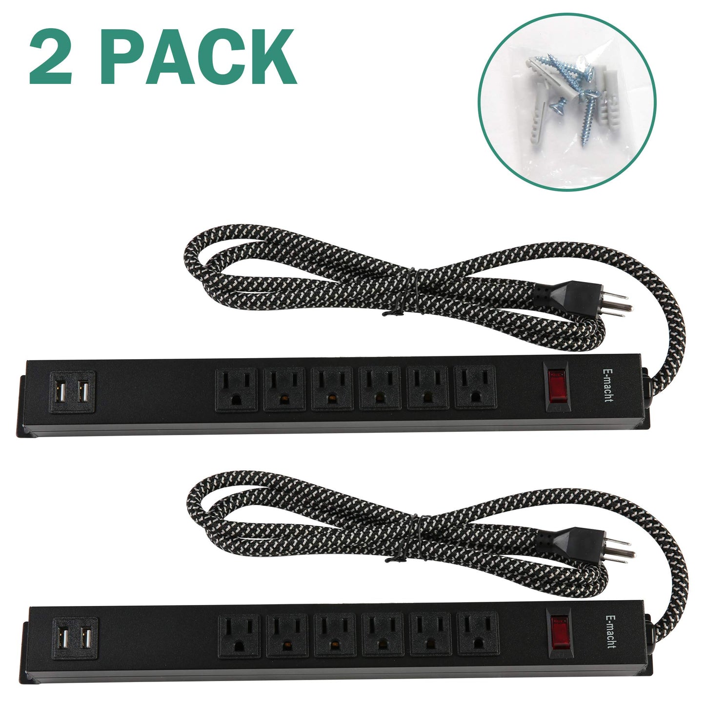 LONABR 2 Pack Long Power Strip, 6 Metal Power Outlets 2 USB Ports, 6 ft Long Extension Cord, Wall Mountable with Hook & Loop, Black (6 Outlets + 2