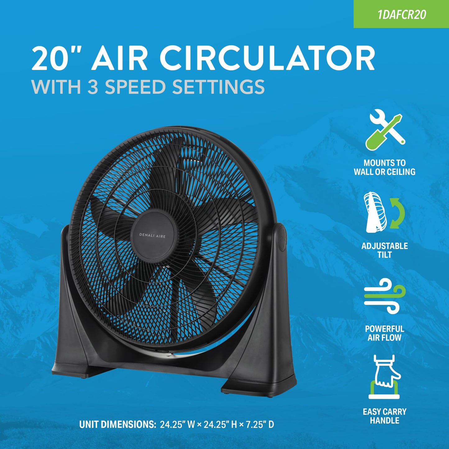 DENALI AIRE 1DAFCR20 20" Air Circulator, Floor Wall or Ceiling Mount-able, Adjustable Tilt, Easy Carry Handle, 3 Speed Mechanical Controls, Black
