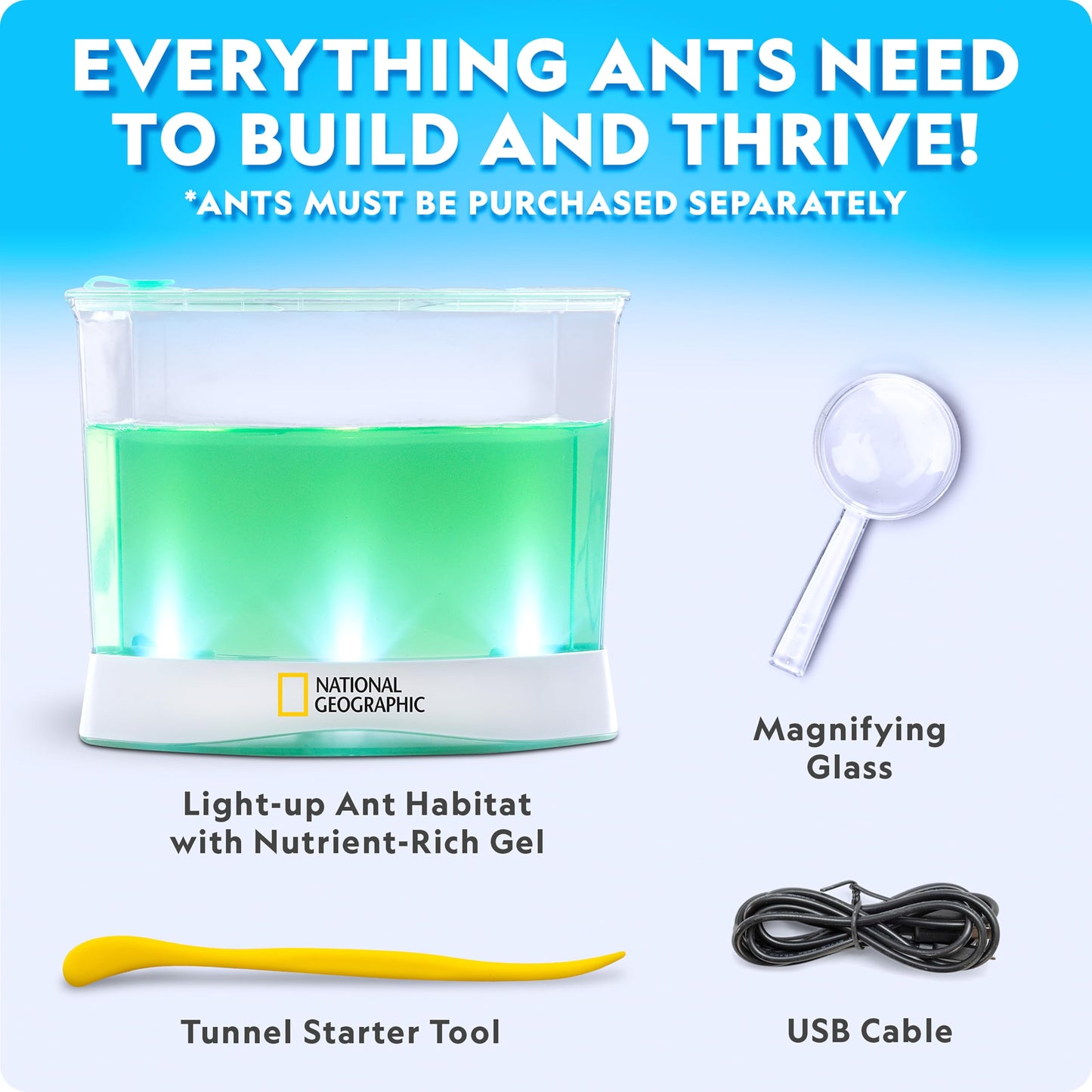 National Geographic Ant Habitat Kit – Light-Up Terrarium with Magnifiers, Tunnel Starter & Ant Activities, Educational Ant Colony Kit for Kids