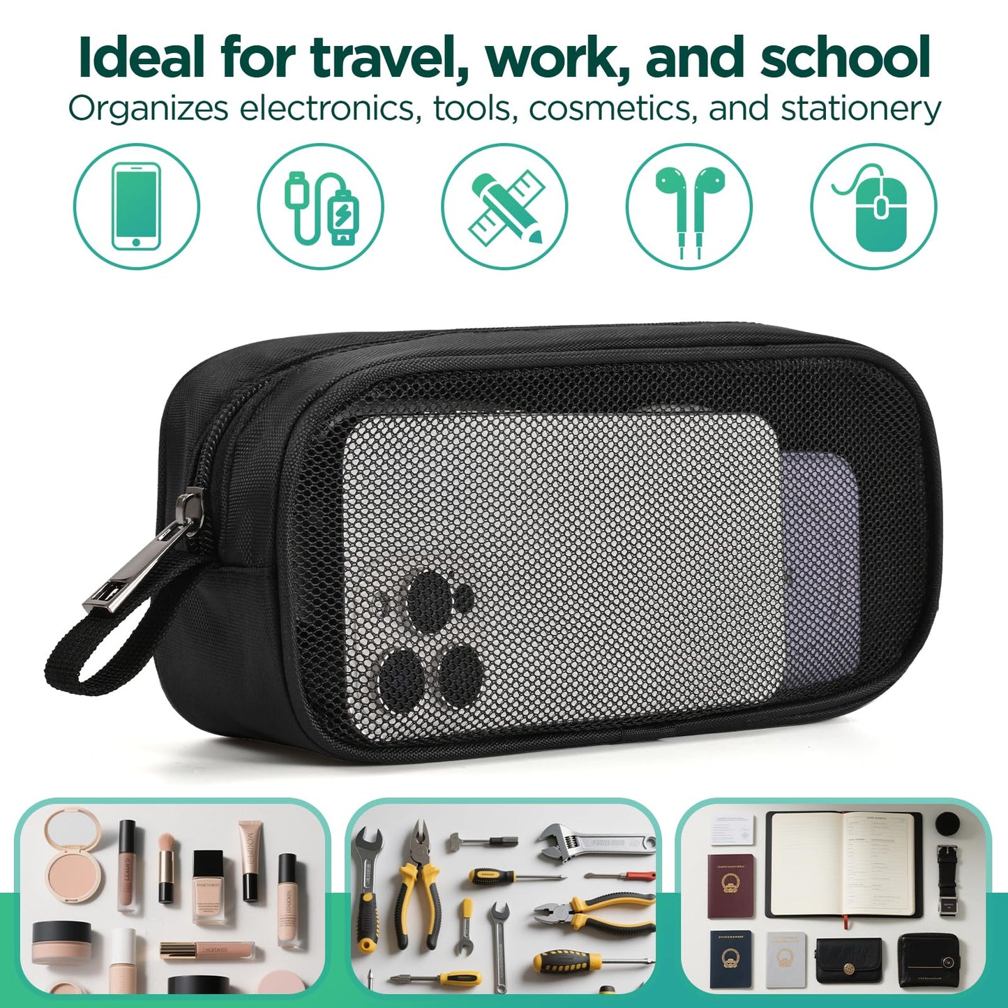Lidwot Breathable Mesh Nylon Travel Organizer - Portable Cable pouch & Tool Case for Laptop Charger, Mouse, Power Bank, USB Cords, Adapters, Small