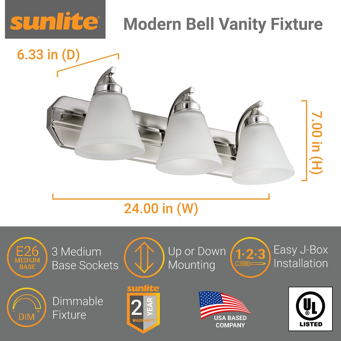 Sunlite 45057 24-Inch Modern Incandescent Vanity Bell Shaped Light Fixture, Max 100 Wattage, 120 Volts, 3 Medium E26 Base Sockets (A19), Frosted