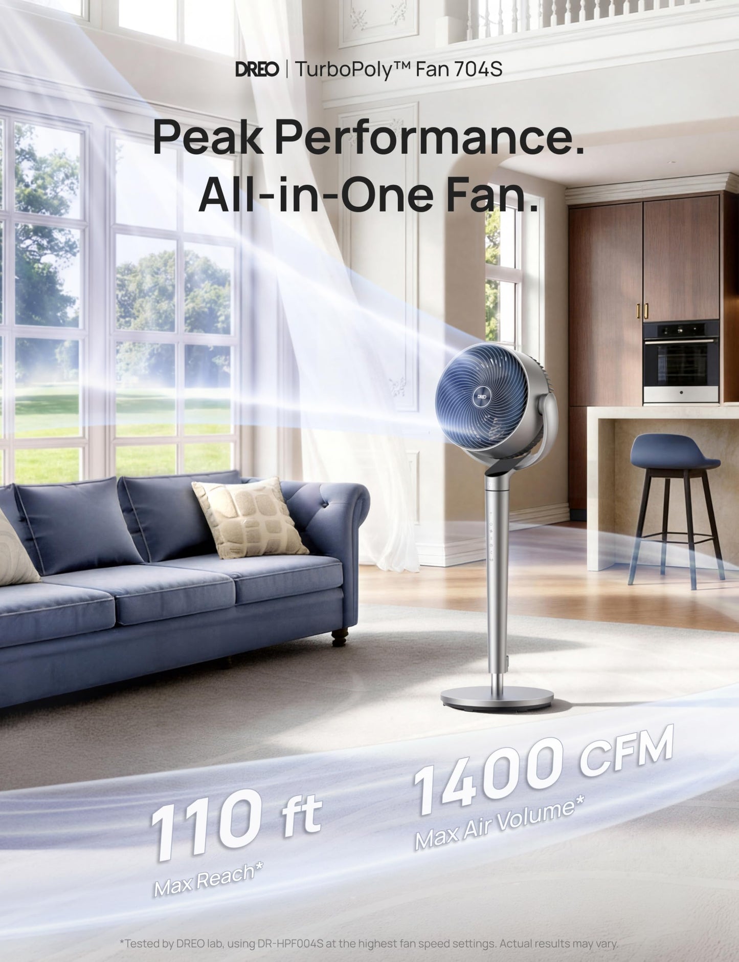 DREO Smart Fan for Bedroom, 110ft Pedestal Fan with DC Motor, 150°+120° Omni-Directional Oscillation, Quiet Floor Fan with Smart Control, 9 Speeds, 6