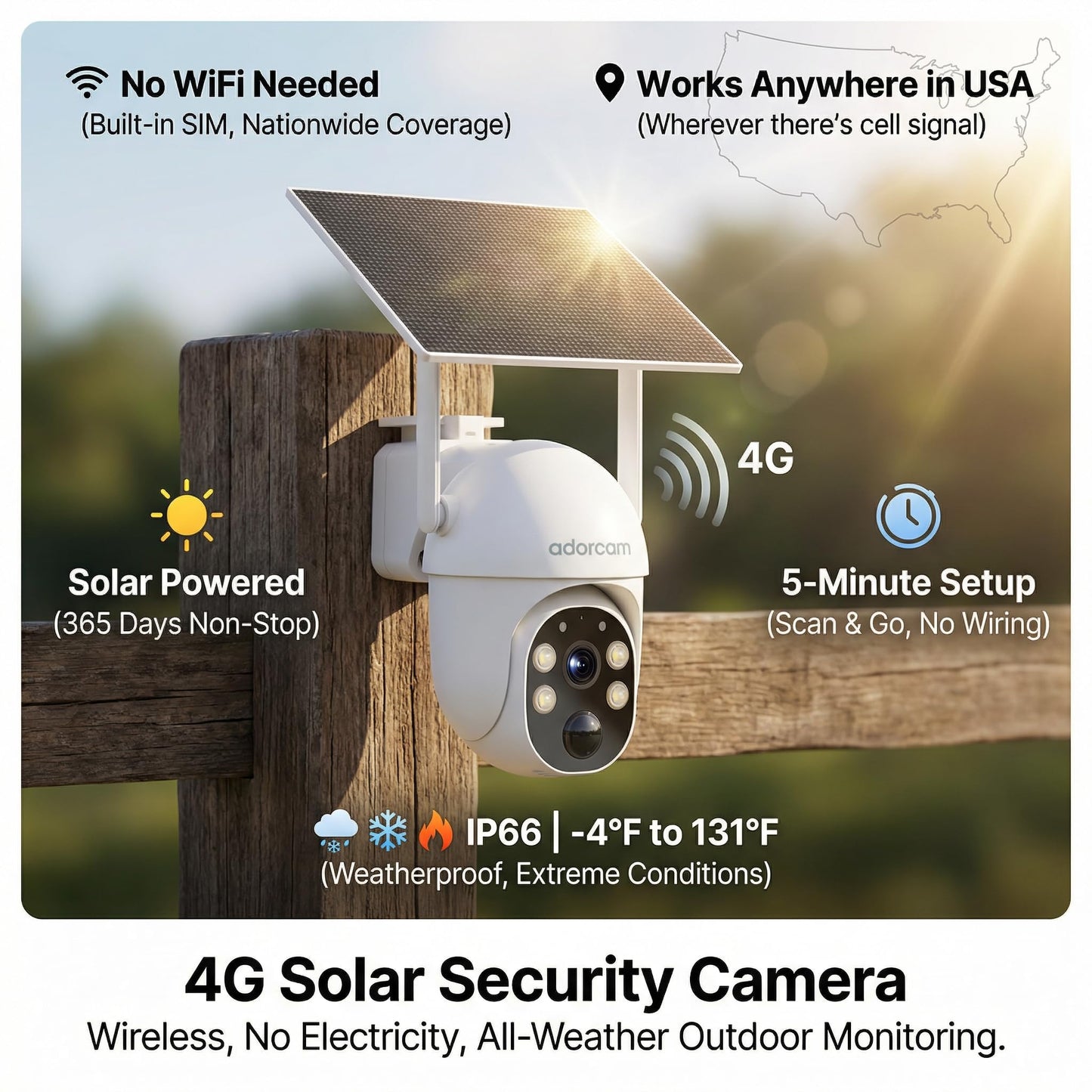 adorcam Wireless Surveillance Camera for Outdoor: US-Wide 4G Coverage No WiFi Needed Non-Stop Solar Power - 5-Min Setup All Weather Guardian for Rural