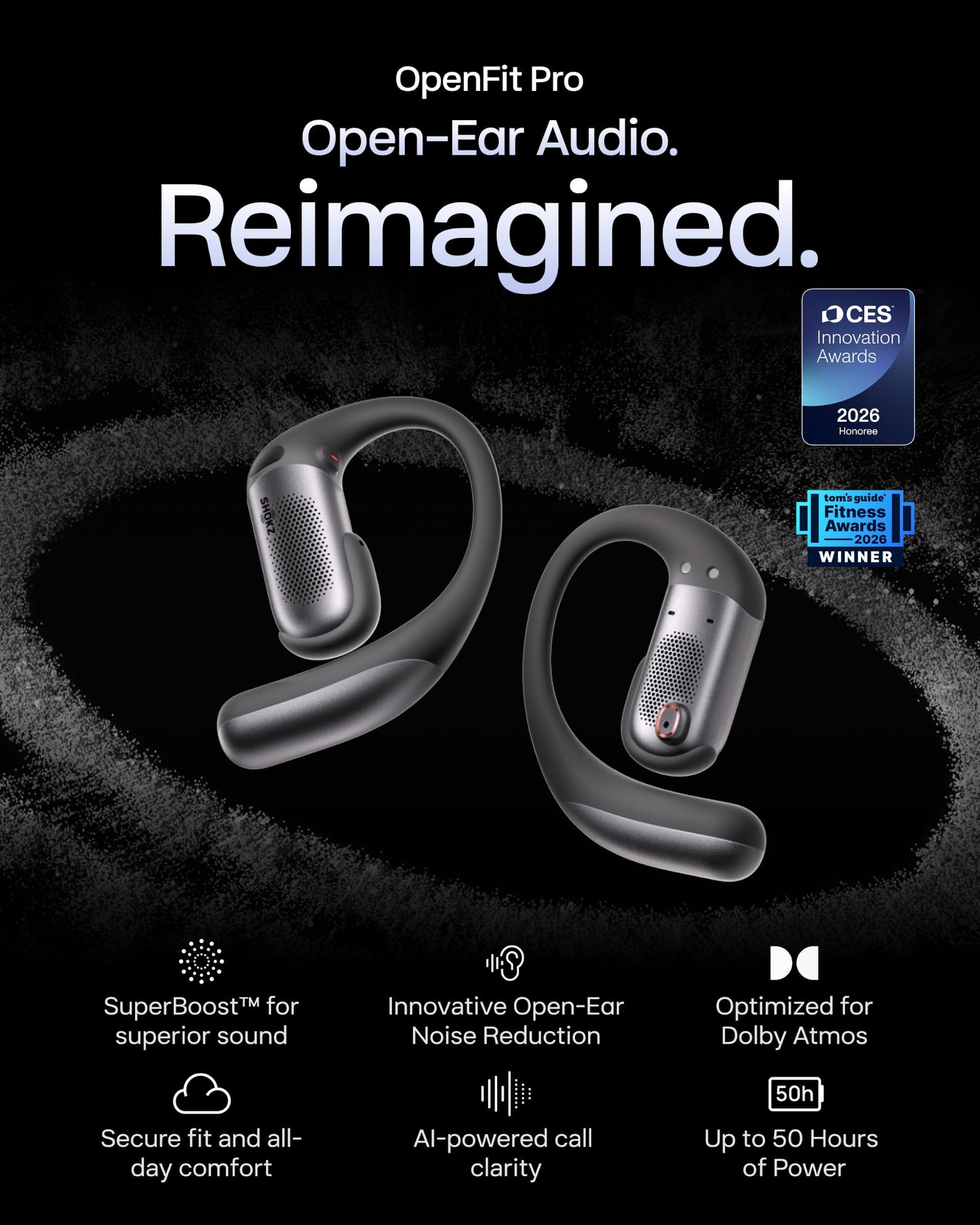 SHOKZ OpenFit Pro Open-Ear Earbuds with Noise Reduction, Dolby Atmos, Black