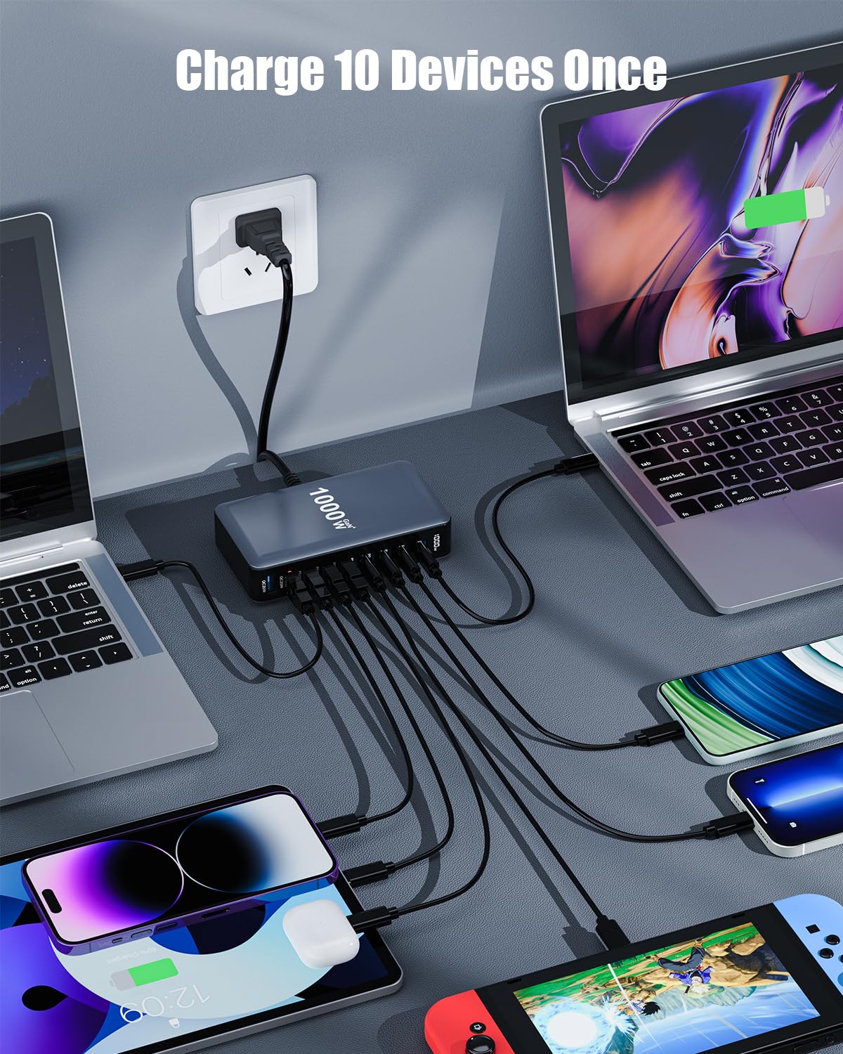440W USB C Charger Block Charging Station Hub,8 Port GaN III Fast Charging Brick with 5ft Extension Cord,PD QC PPS 100W Laptop Power Adapter