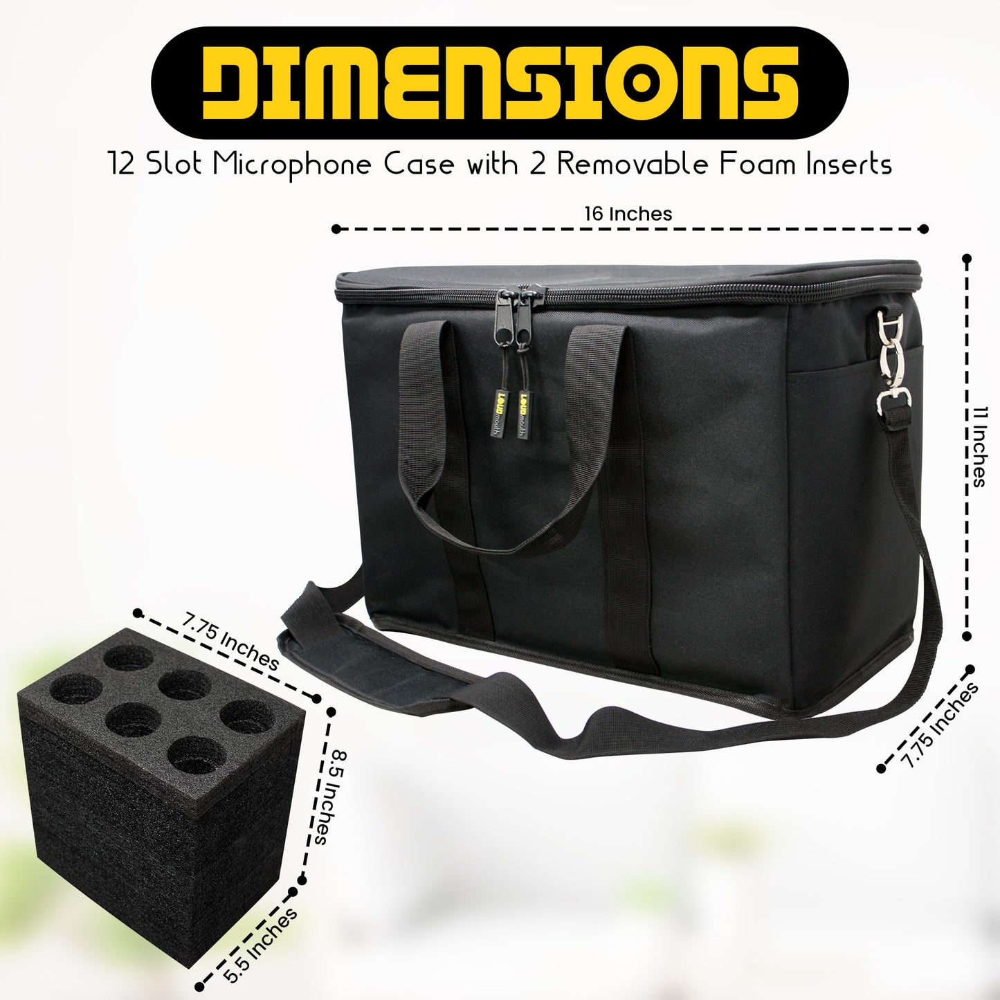 Loudmouth 12 Slot Microphone Case with Foam | Rugged Padded Bag For Wired and Wireless Mics | 16" x 11" x 7.75"