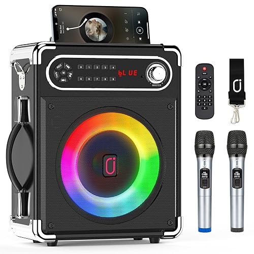 JAUYXIAN Bluetooth Speaker with Two Wireless Microphones, Outdoor Speaker with Subwoofer/Tweeter, Portable PA Speaker System with Remote Control