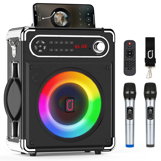 JAUYXIAN Bluetooth Speaker with Two Wireless Microphones, Outdoor Speaker with Subwoofer/Tweeter, Portable PA Speaker System with Remote Control