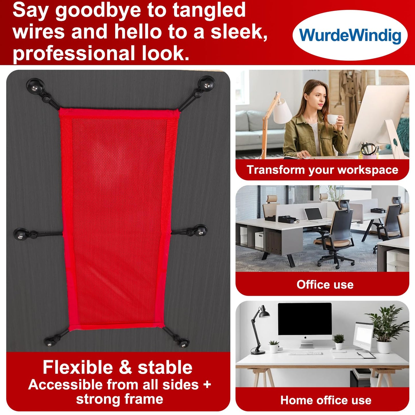 WurdeWindig Under Desk Cable Management Net Organizer - Heavy Duty Adjustable Mesh Cord Storage with Straps, Space-Saving Cable Tray for Home Office
