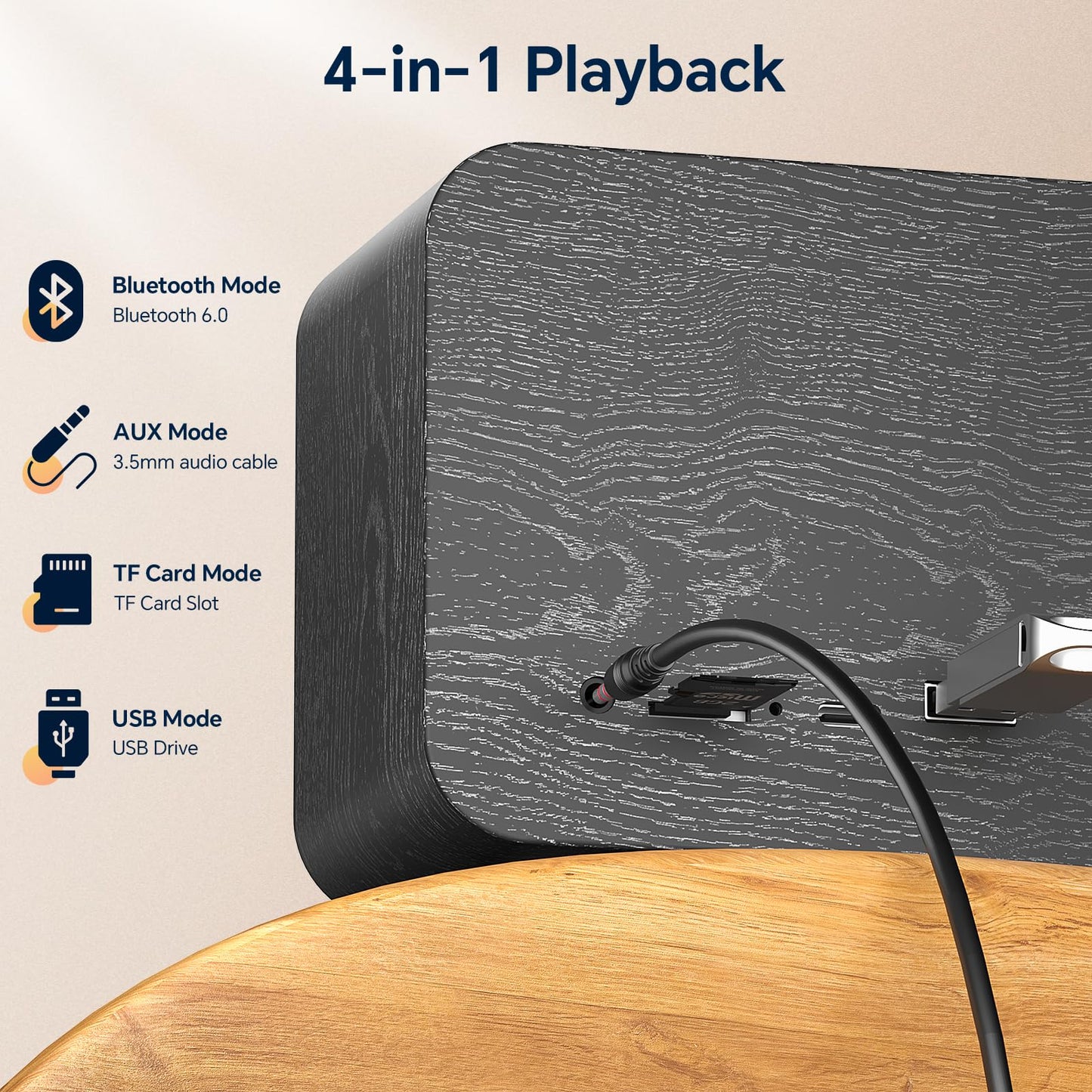 FULMINARE Portable Bluetooth Speaker for Home, Wooden Housing, 50W Deep Bass Stereo Sound, Bluetooth 5.3, 30H Playtime, 4-in-1 Playback, IPX5