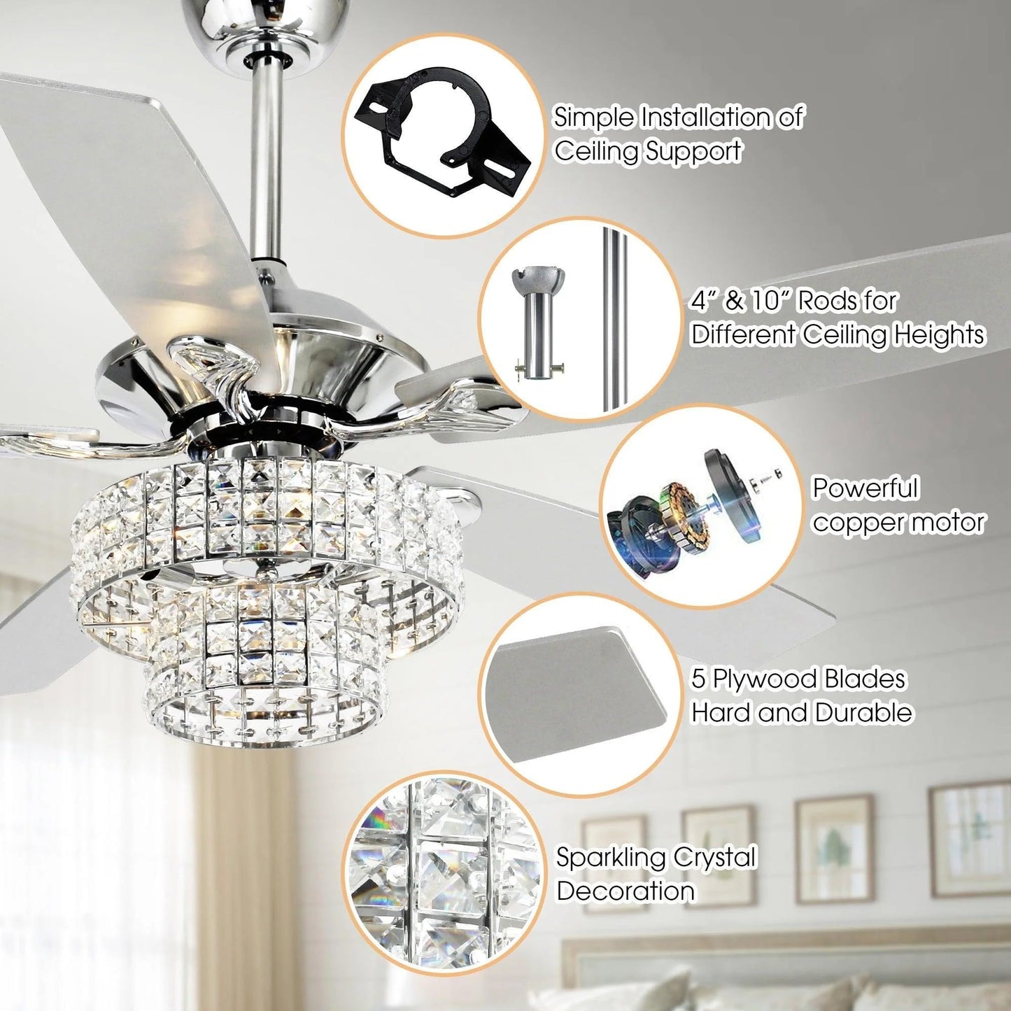 Vaczon 52 Inch Ceiling Fan with Light & Remote - Farmhouse Caged Fandelier, Crystal Mosaic Style Ceiling Fan with 6 Speeds,Reversible