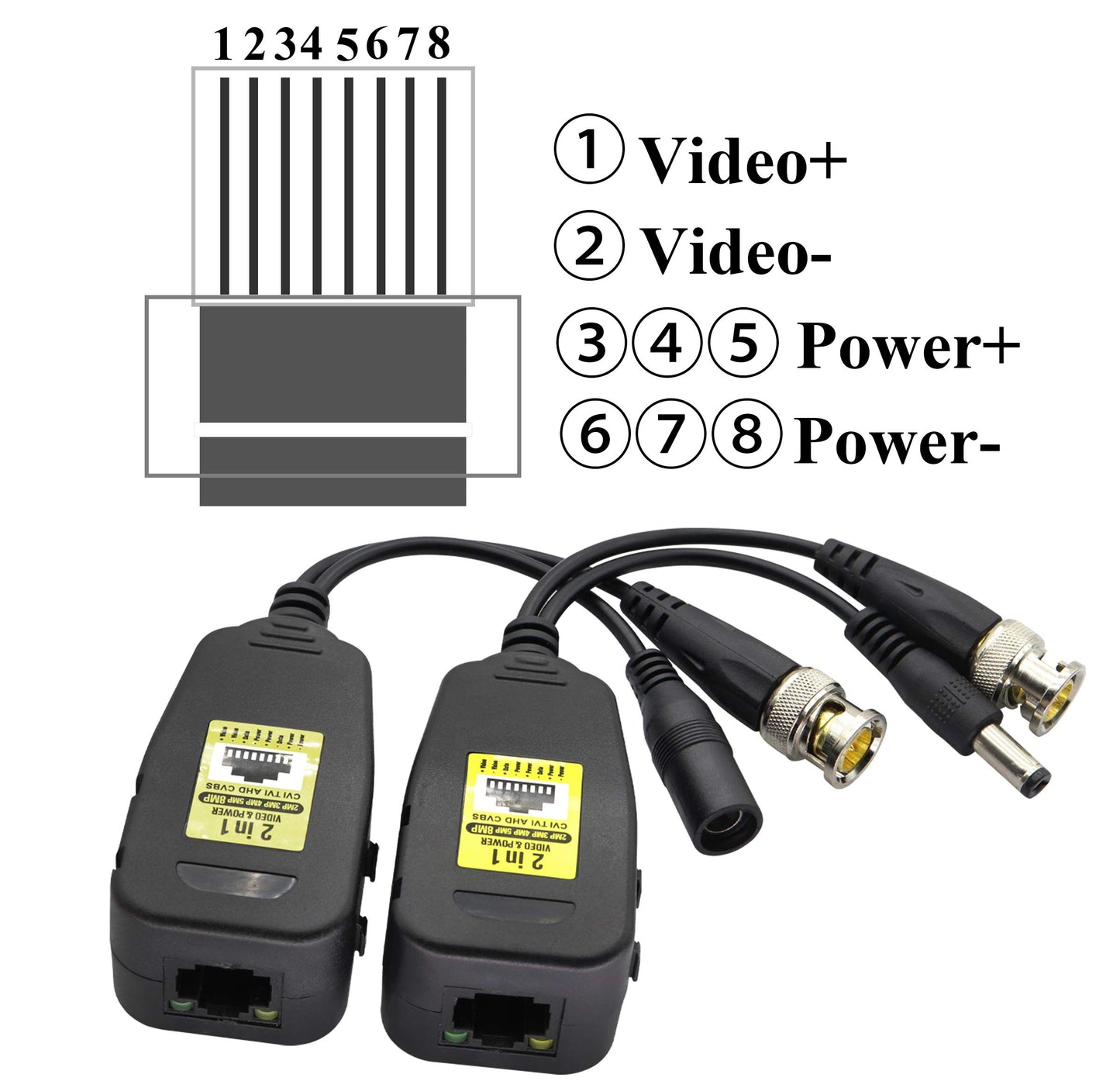 AAOTOKK Power Video Balun DC BNC to Cat5 RJ45 Network Transceiver HD-CVI/TVI/AHD/CVBS with DC Connector for 720P 960P 1080P 3MP 4MP 5MP 8MP CCTV