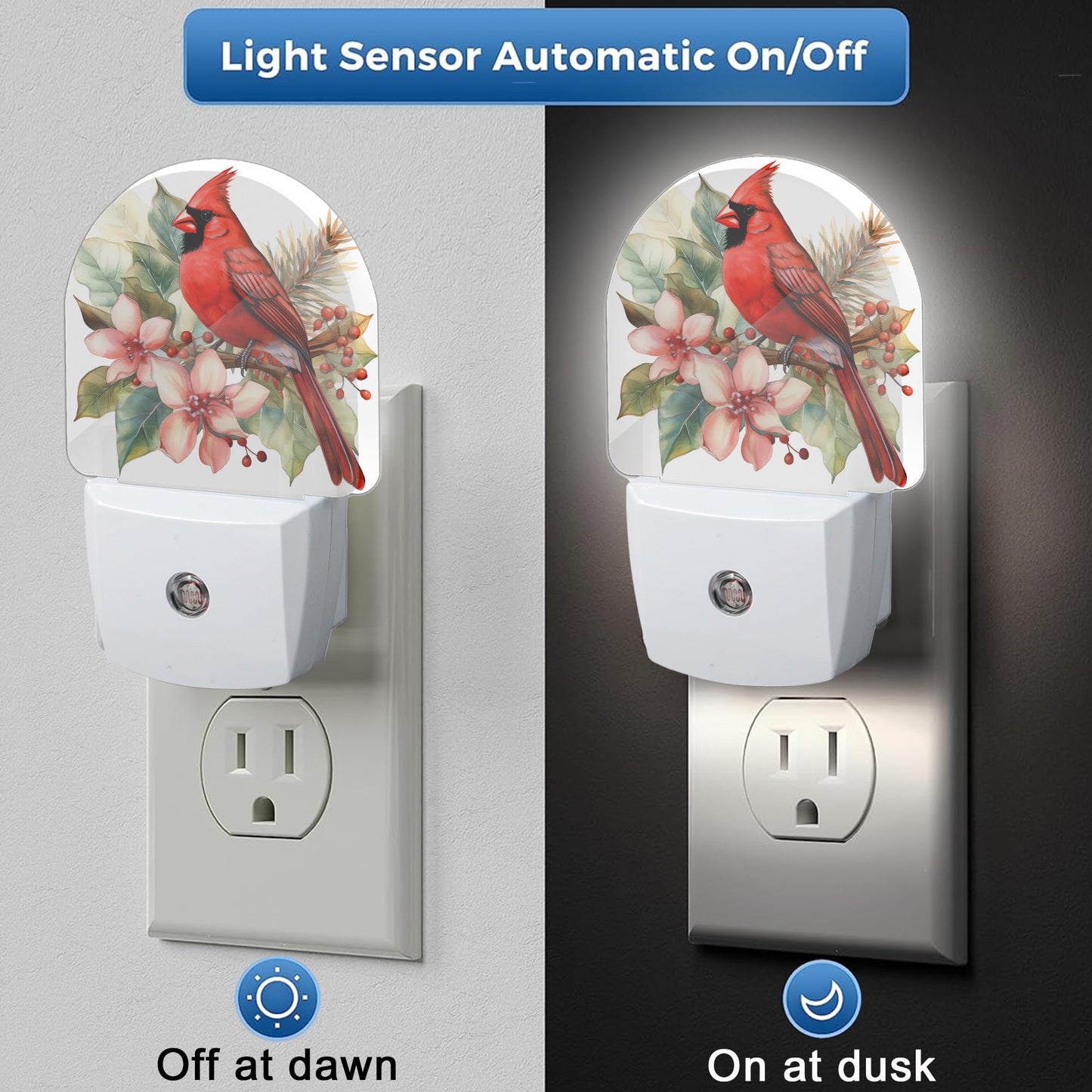 YESPOAK Night Light,Red Cardinal Bird Flowers Night Lights Plug Into Wall for Bedroom Bathroom Kitchen Hallway Stairs Hallway, Plug-in, Energy